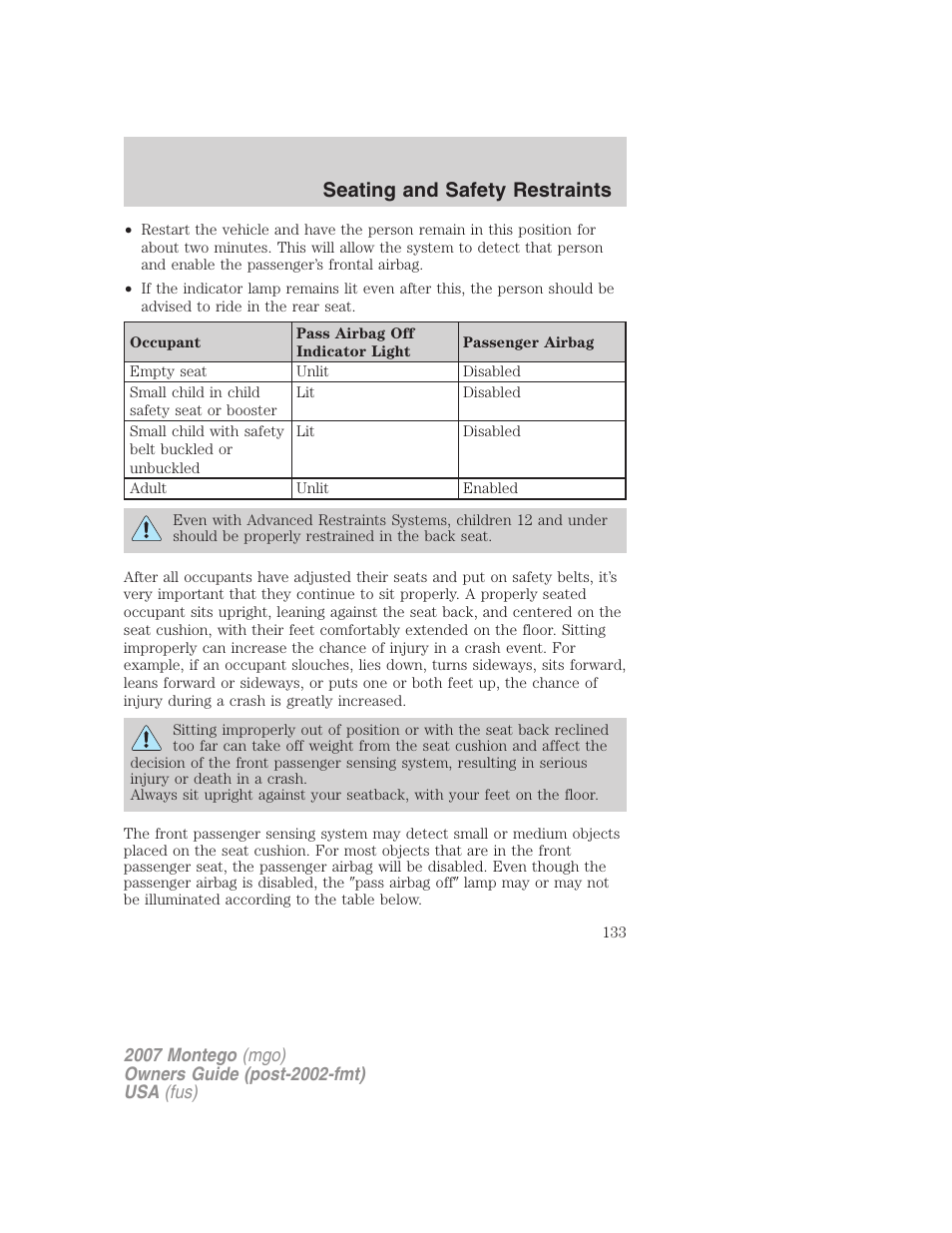 Seating and safety restraints | Mercury Montego 2007s User Manual | Page 133 / 280