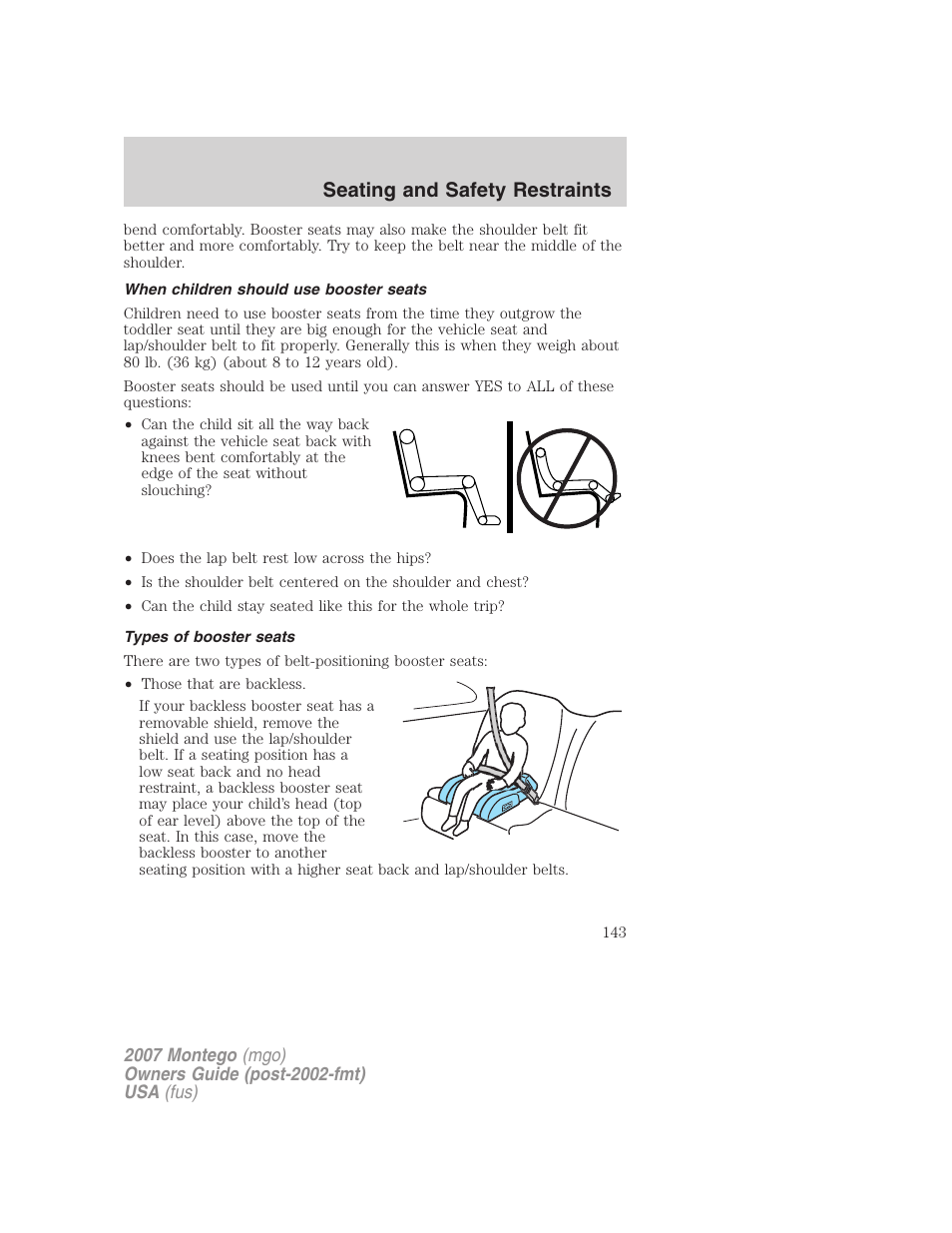 When children should use booster seats, Types of booster seats, Seating and safety restraints | Mercury Montego 2007s User Manual | Page 143 / 280