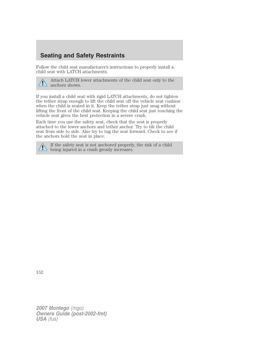 Seating and safety restraints | Mercury Montego 2007s User Manual | Page 152 / 280