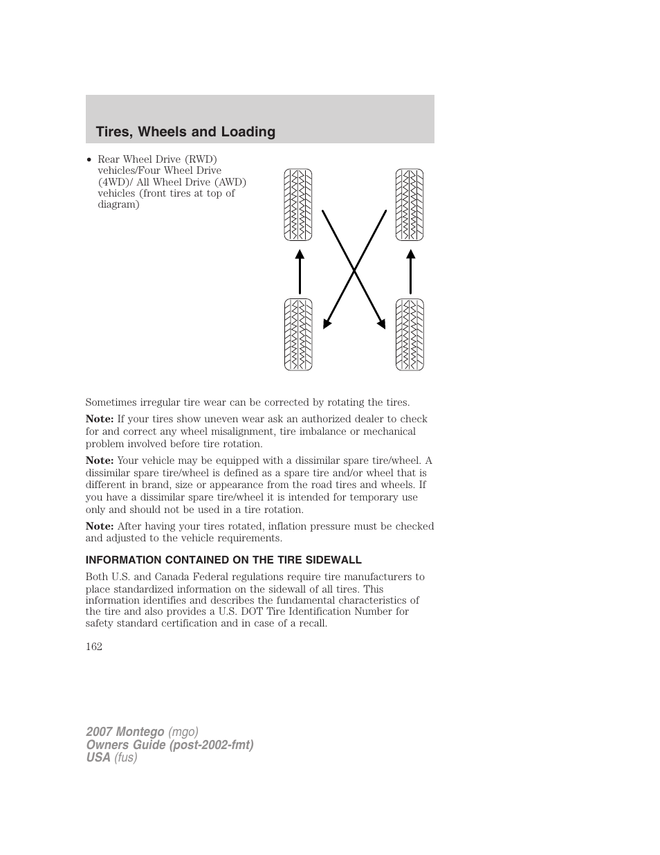 Information contained on the tire sidewall, Tires, wheels and loading | Mercury Montego 2007s User Manual | Page 162 / 280