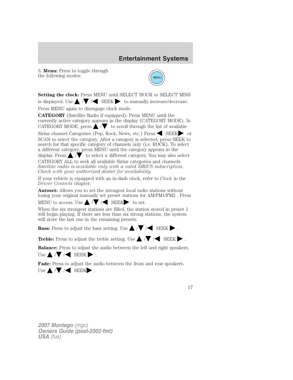 Entertainment systems | Mercury Montego 2007s User Manual | Page 17 / 280