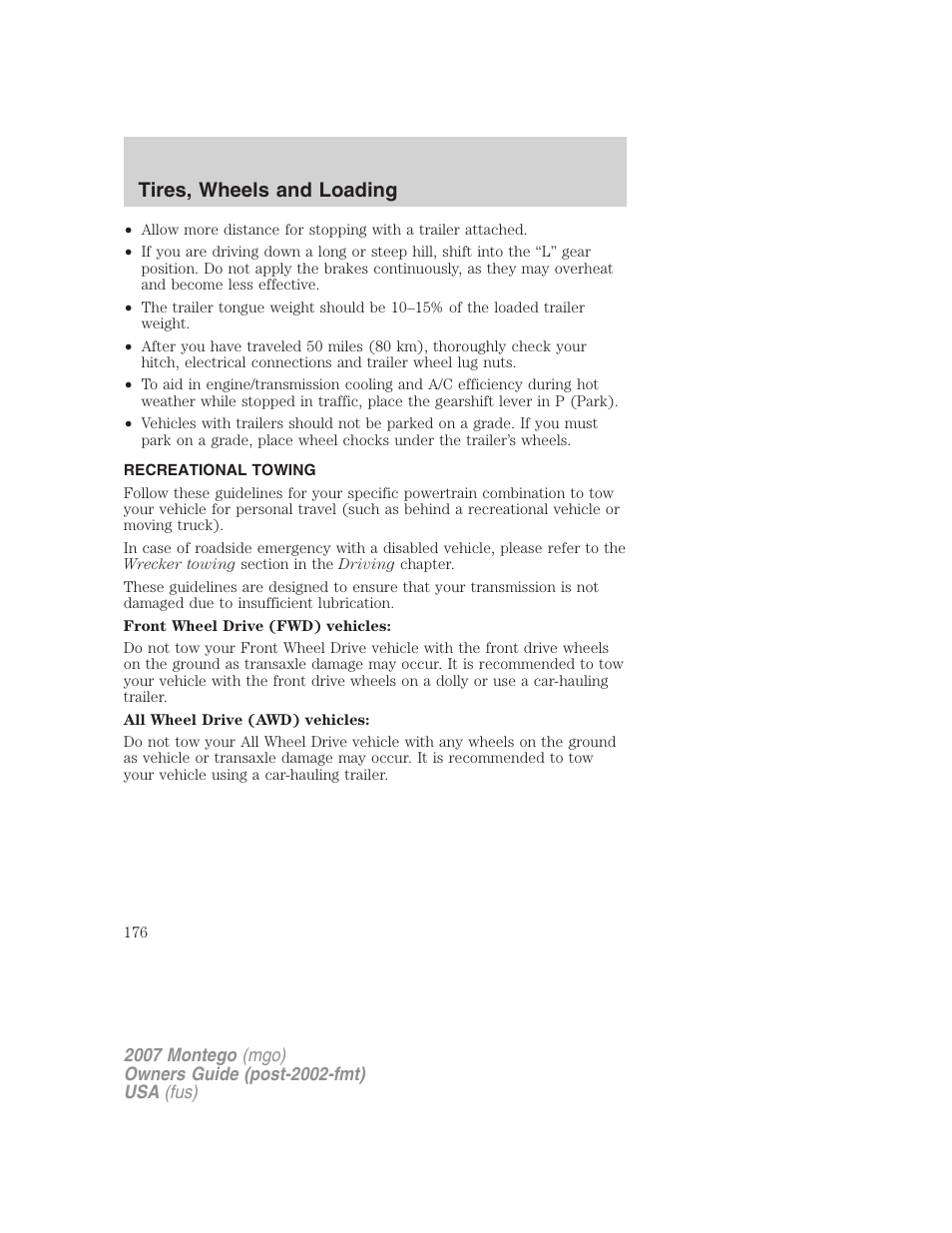 Recreational towing, Tires, wheels and loading | Mercury Montego 2007s User Manual | Page 176 / 280