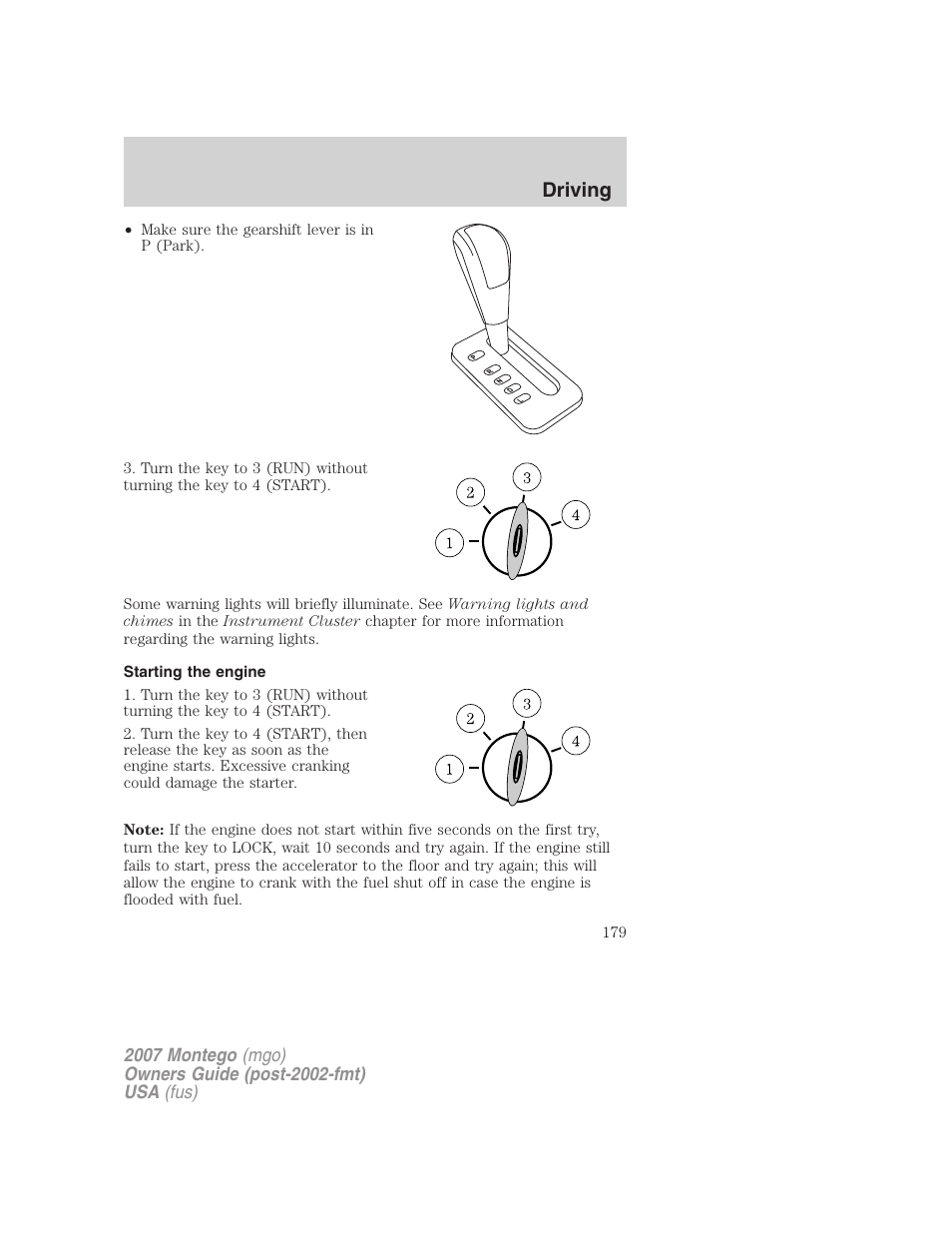 Starting the engine, Driving | Mercury Montego 2007s User Manual | Page 179 / 280