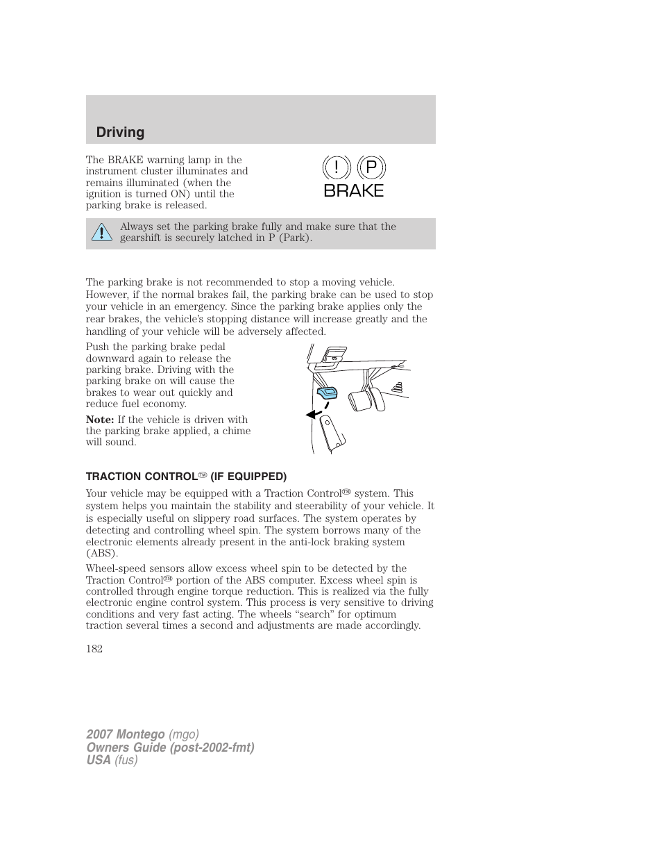 Traction control (if equipped), Traction control, P! brake | Mercury Montego 2007s User Manual | Page 182 / 280