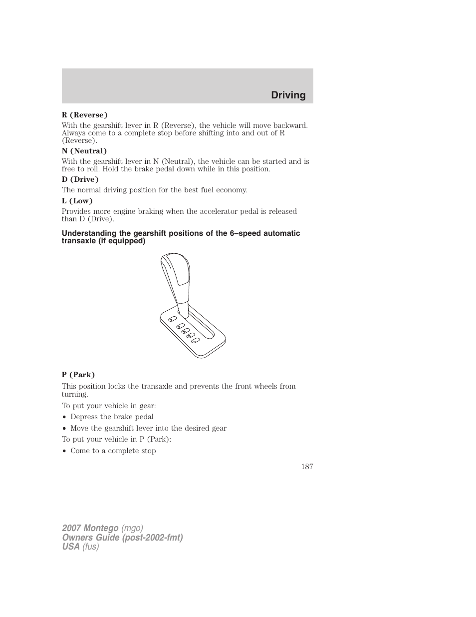 Driving | Mercury Montego 2007s User Manual | Page 187 / 280