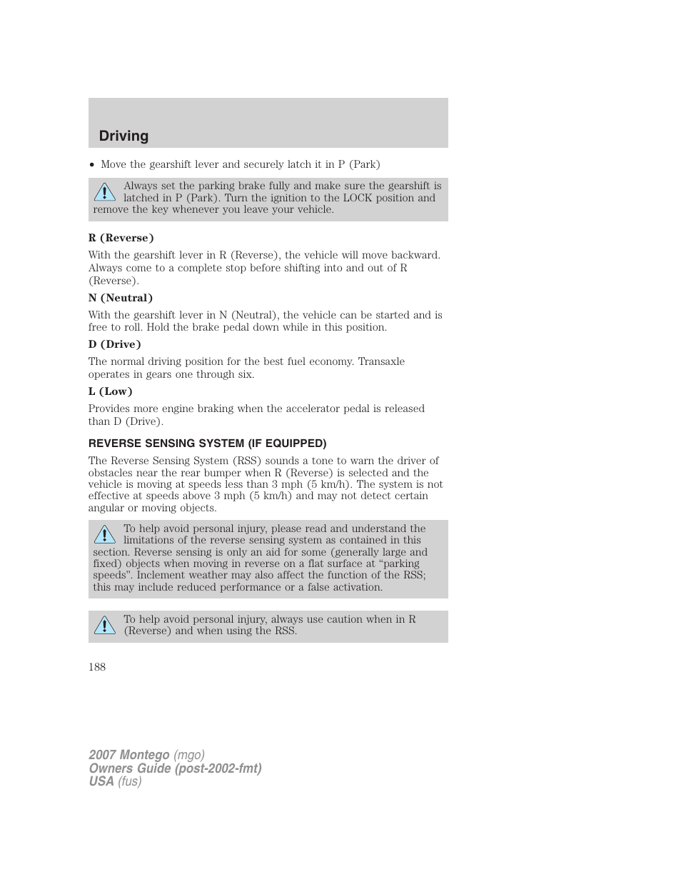 Reverse sensing system (if equipped), Driving | Mercury Montego 2007s User Manual | Page 188 / 280