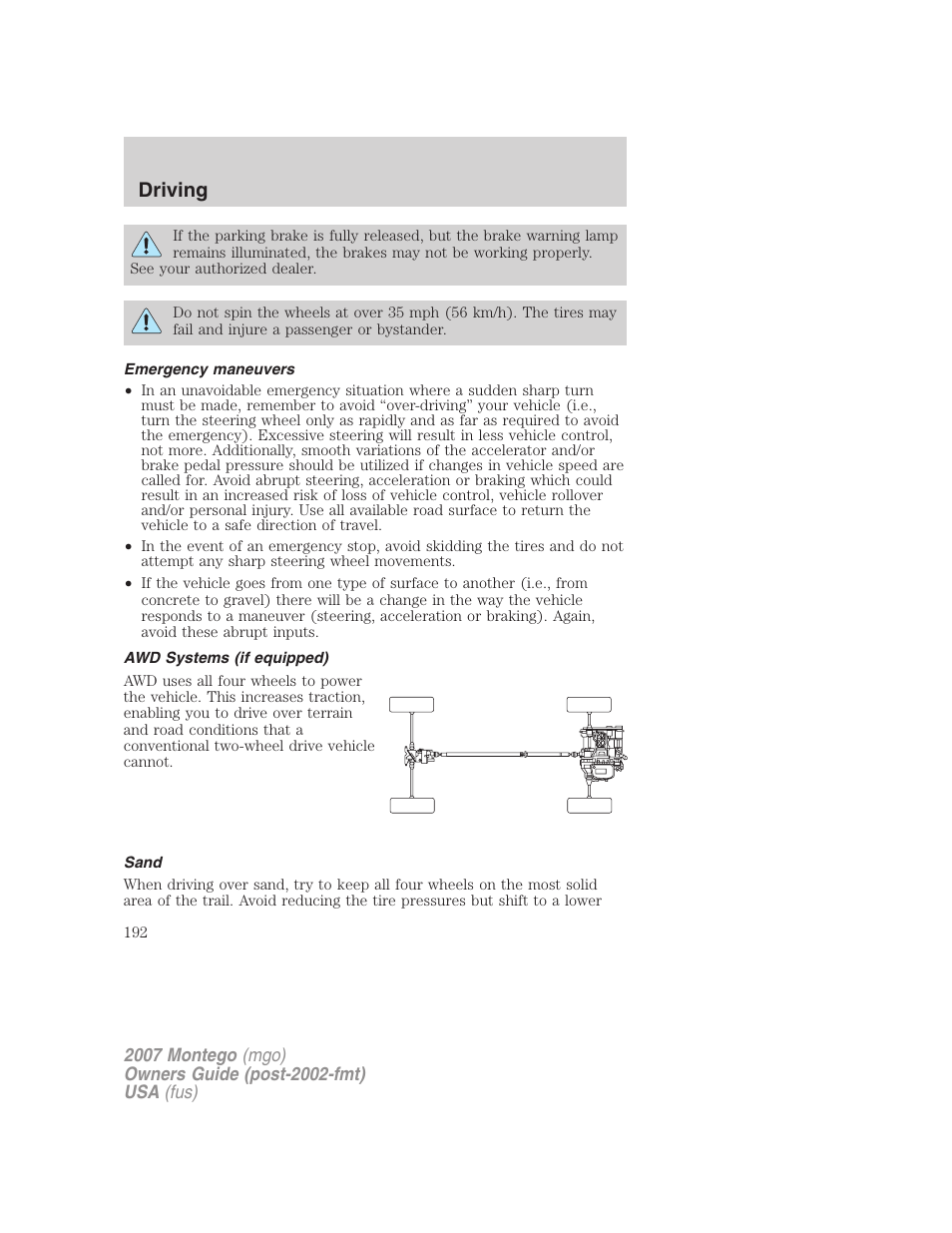 Emergency maneuvers, Awd systems (if equipped), Sand | Driving | Mercury Montego 2007s User Manual | Page 192 / 280