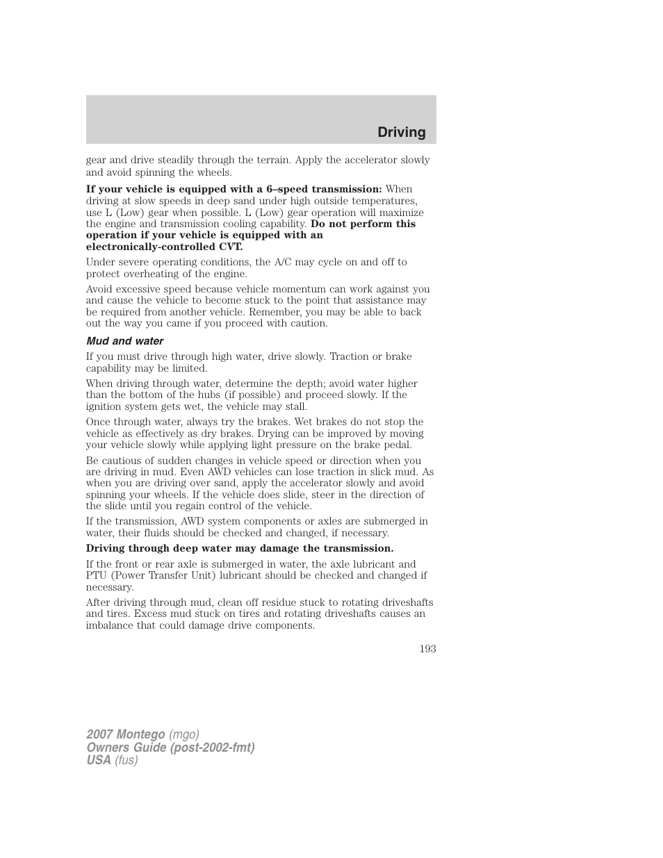 Mud and water, Driving | Mercury Montego 2007s User Manual | Page 193 / 280