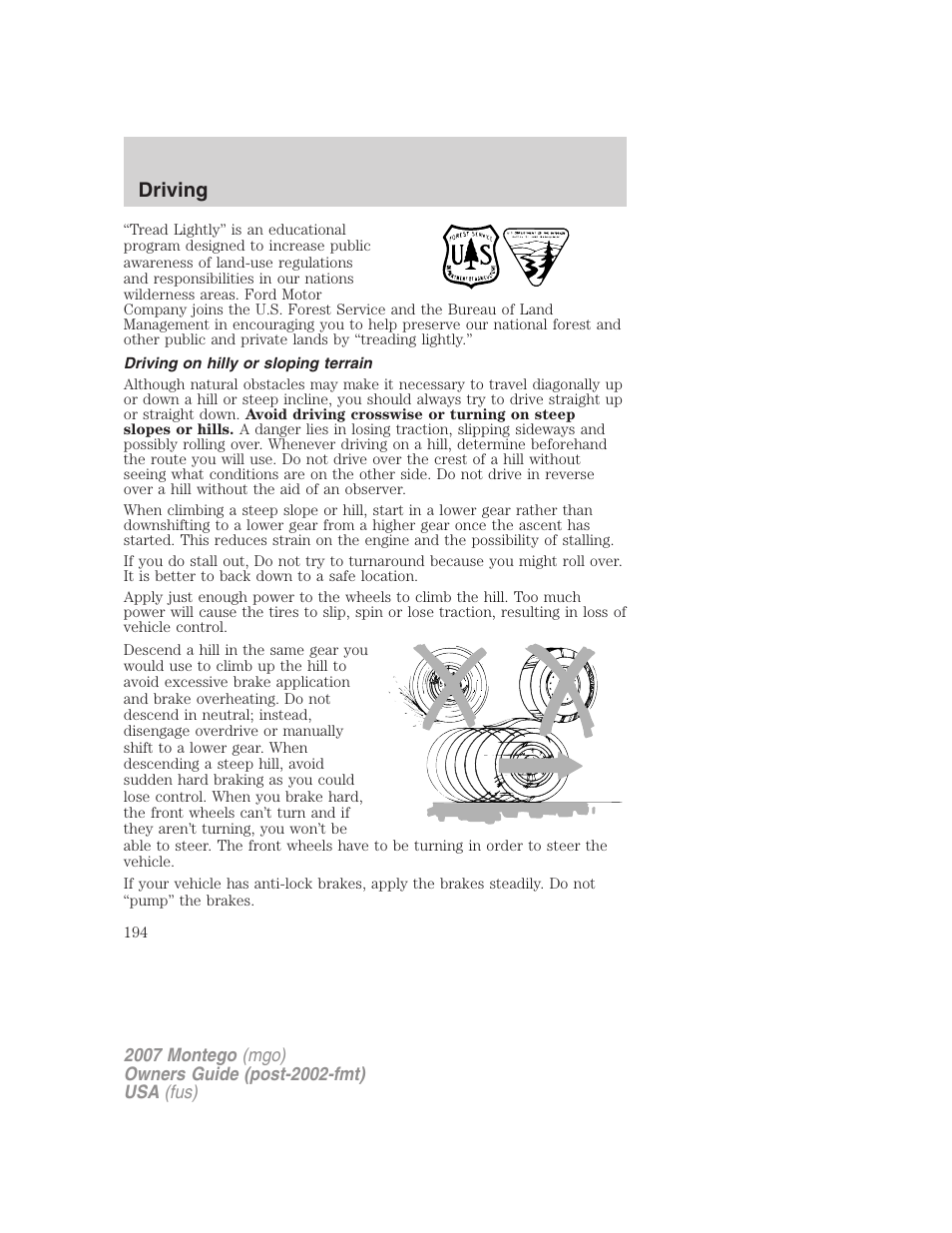 Driving on hilly or sloping terrain, Driving | Mercury Montego 2007s User Manual | Page 194 / 280