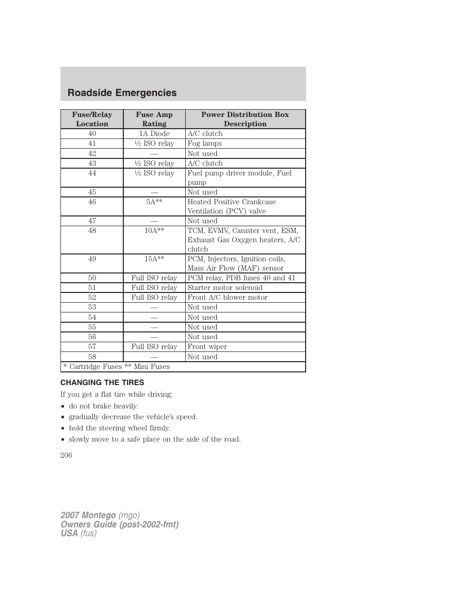 Changing the tires, Changing tires, Roadside emergencies | Mercury Montego 2007s User Manual | Page 206 / 280
