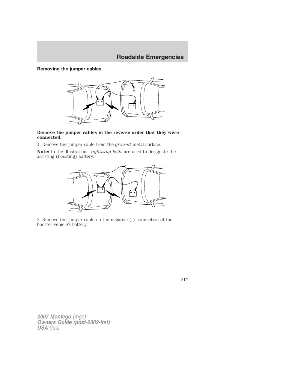 Removing the jumper cables, Roadside emergencies | Mercury Montego 2007s User Manual | Page 217 / 280