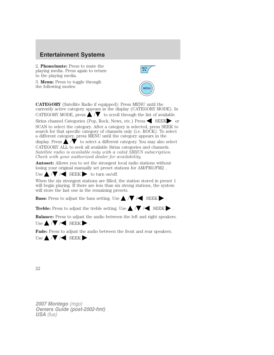 Entertainment systems | Mercury Montego 2007s User Manual | Page 22 / 280