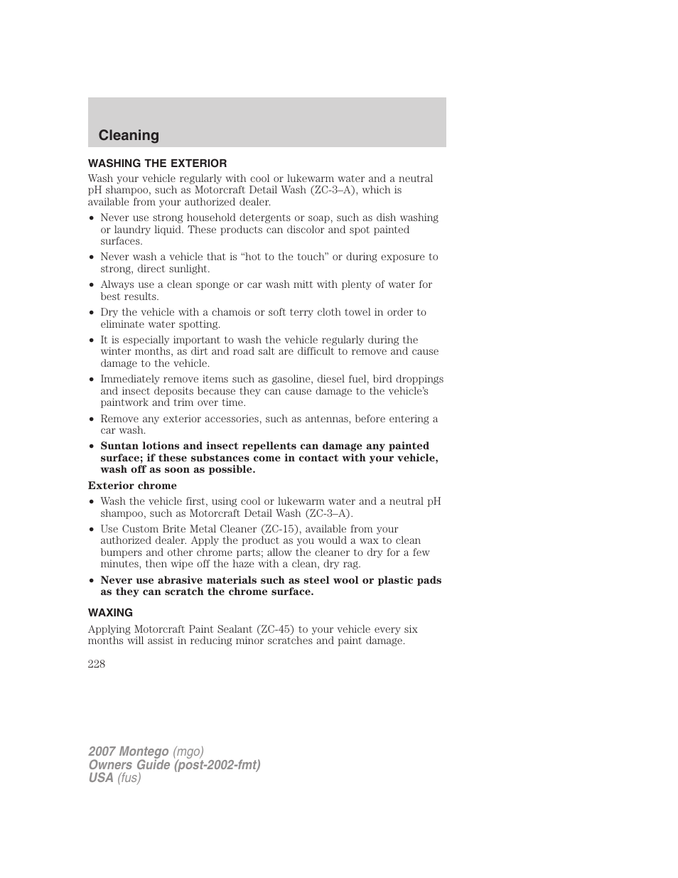 Cleaning, Washing the exterior, Waxing | Mercury Montego 2007s User Manual | Page 228 / 280