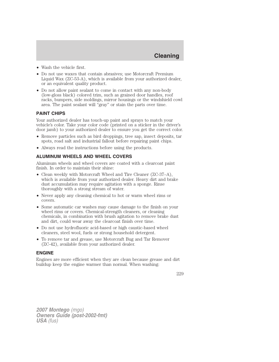 Paint chips, Aluminum wheels and wheel covers, Engine | Cleaning | Mercury Montego 2007s User Manual | Page 229 / 280