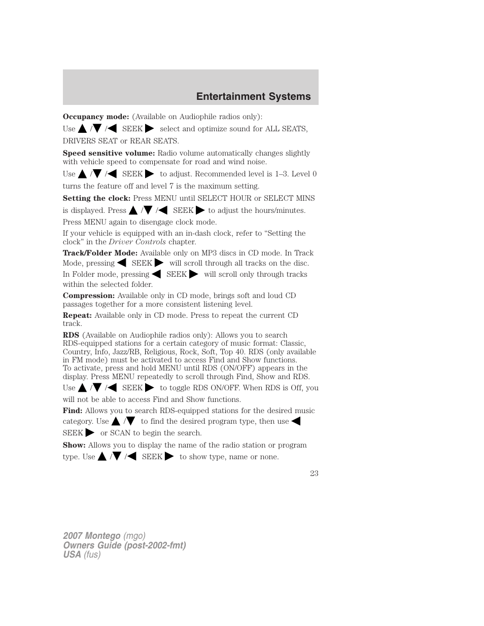 Entertainment systems | Mercury Montego 2007s User Manual | Page 23 / 280