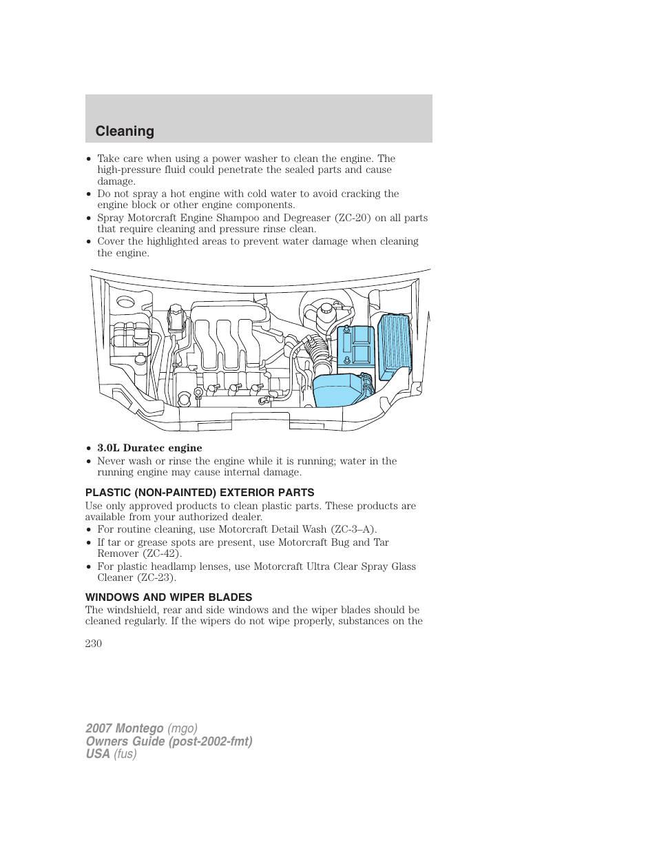 Plastic (non-painted) exterior parts, Windows and wiper blades, Cleaning | Mercury Montego 2007s User Manual | Page 230 / 280