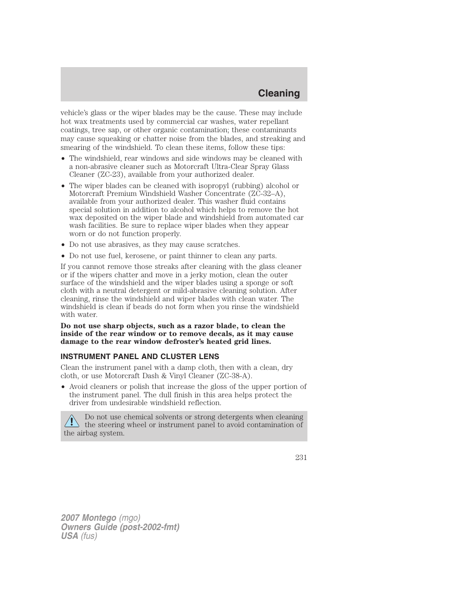 Instrument panel and cluster lens, Cleaning | Mercury Montego 2007s User Manual | Page 231 / 280