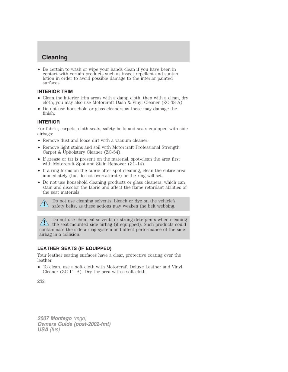 Interior trim, Interior, Leather seats (if equipped) | Cleaning | Mercury Montego 2007s User Manual | Page 232 / 280