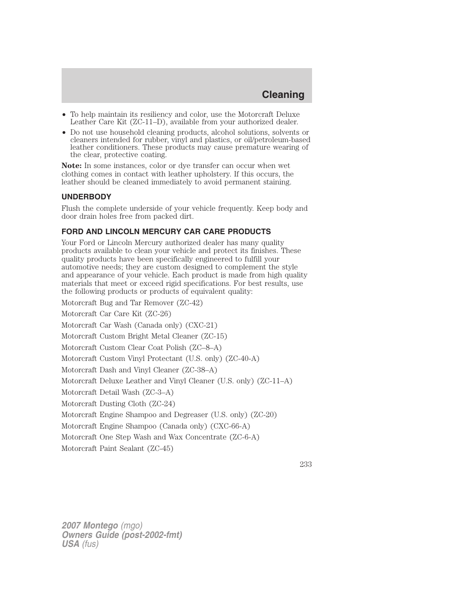 Underbody, Ford and lincoln mercury car care products, Cleaning | Mercury Montego 2007s User Manual | Page 233 / 280