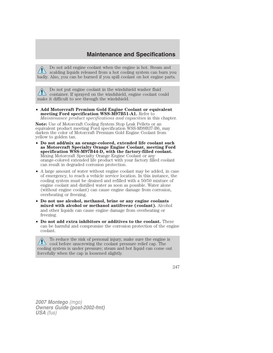 Maintenance and specifications | Mercury Montego 2007s User Manual | Page 247 / 280