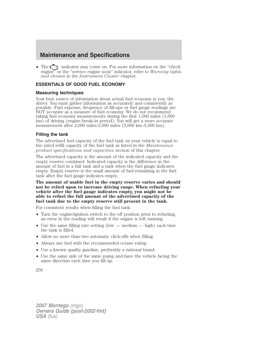Essentials of good fuel economy, Measuring techniques, Filling the tank | Maintenance and specifications | Mercury Montego 2007s User Manual | Page 256 / 280