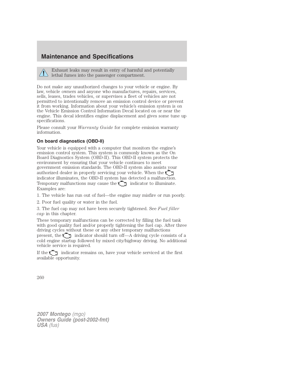 On board diagnostics (obd-ii), Maintenance and specifications | Mercury Montego 2007s User Manual | Page 260 / 280