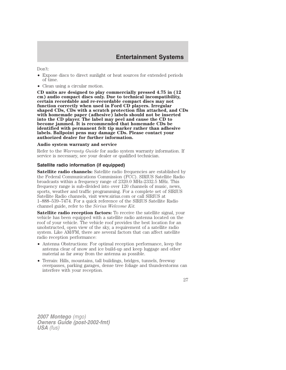 Satellite radio information (if equipped), Satellite radio information, Entertainment systems | Mercury Montego 2007s User Manual | Page 27 / 280