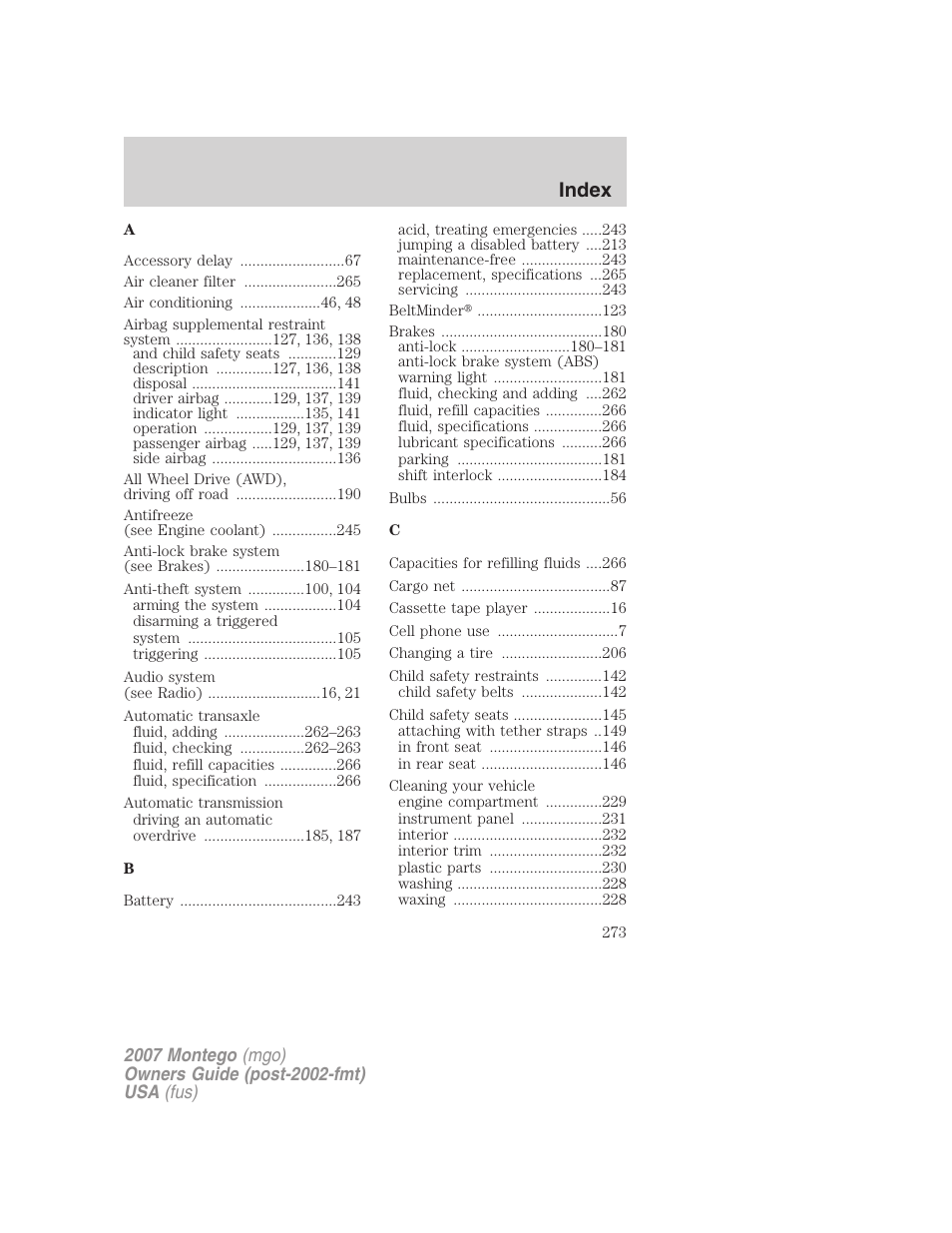 Index | Mercury Montego 2007s User Manual | Page 273 / 280