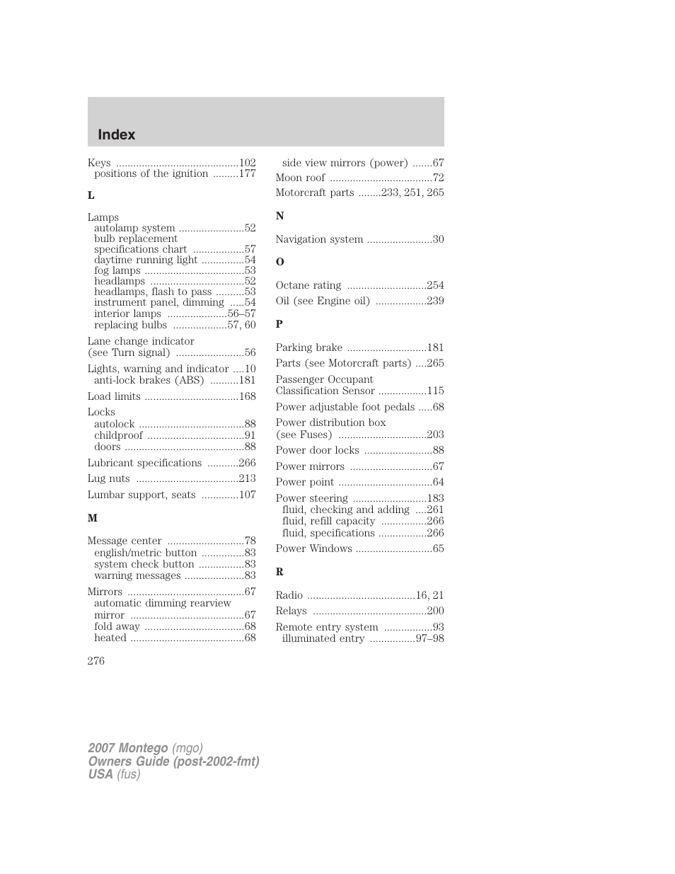 Index | Mercury Montego 2007s User Manual | Page 276 / 280