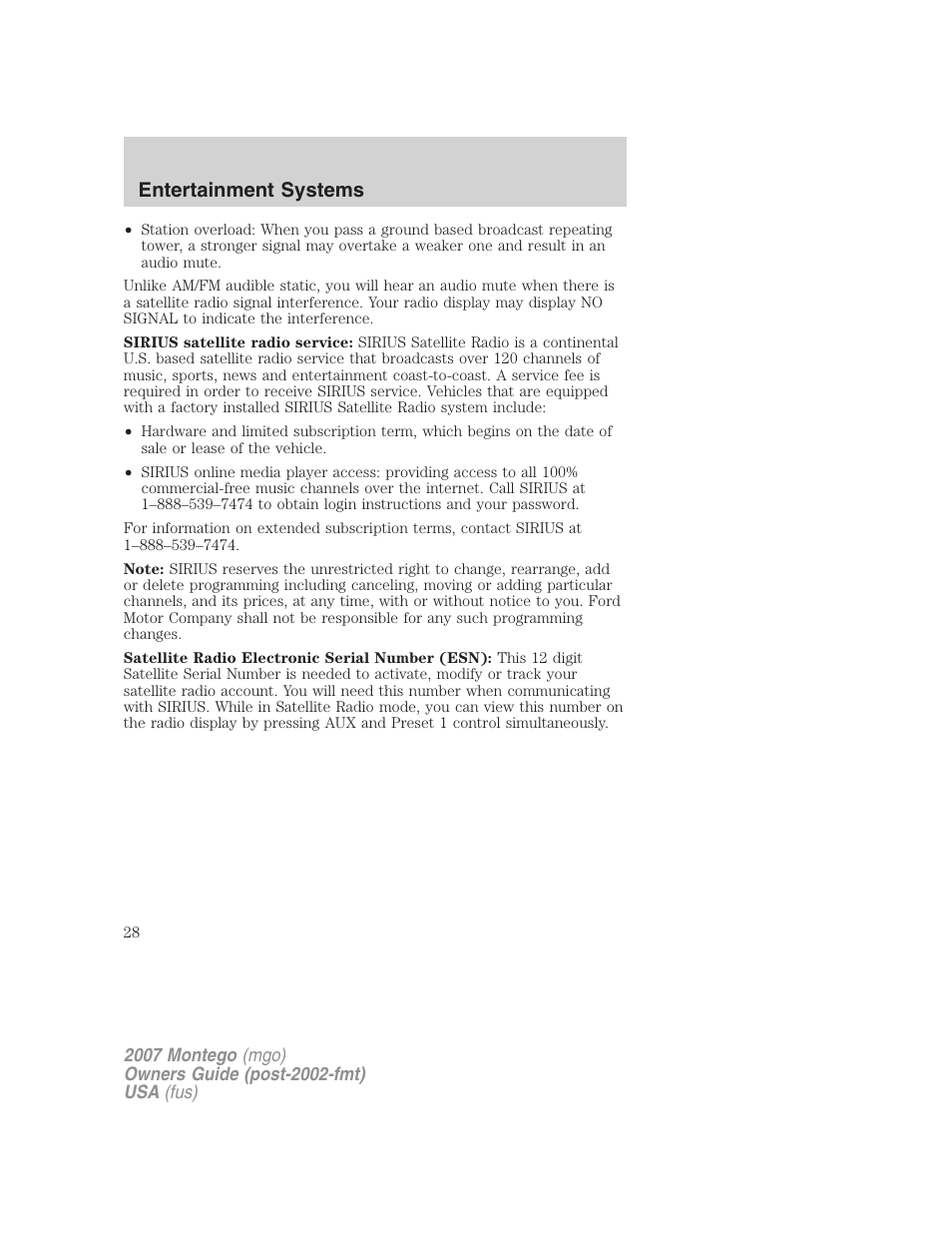 Entertainment systems | Mercury Montego 2007s User Manual | Page 28 / 280