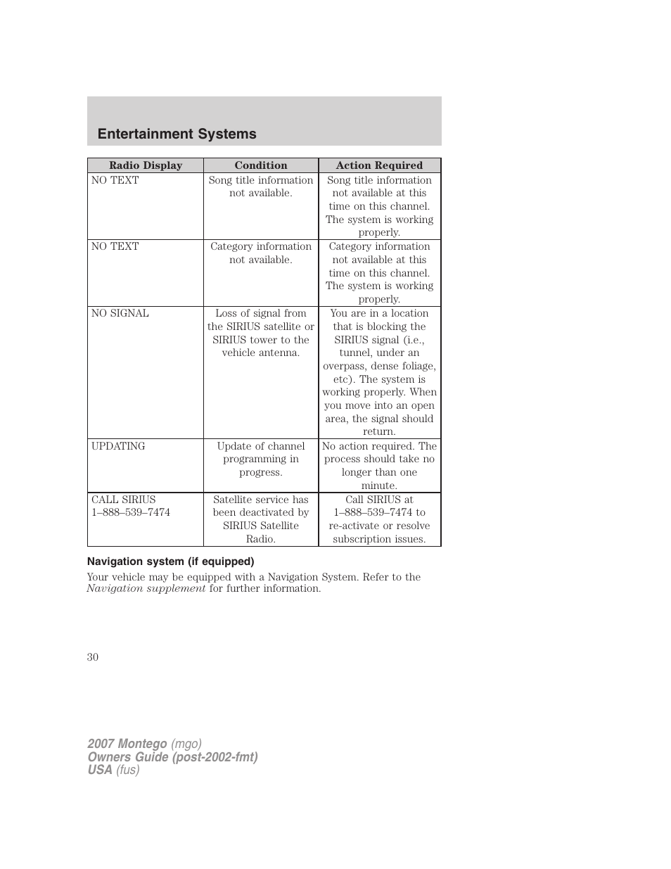 Navigation system (if equipped), Entertainment systems | Mercury Montego 2007s User Manual | Page 30 / 280