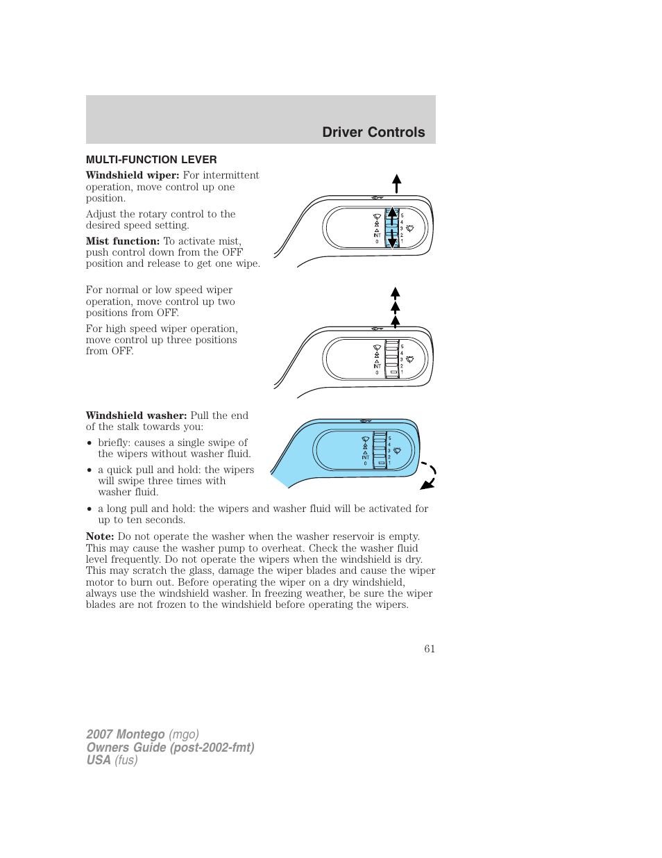 Driver controls, Multi-function lever, Windshield wiper/washer control | Mercury Montego 2007s User Manual | Page 61 / 280