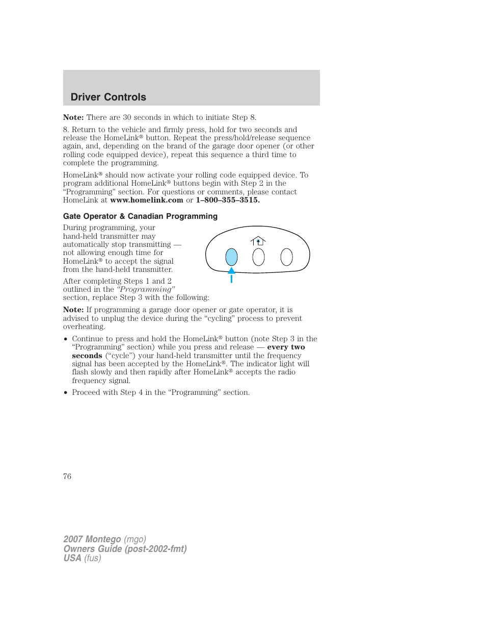 Gate operator & canadian programming, Driver controls | Mercury Montego 2007s User Manual | Page 76 / 280