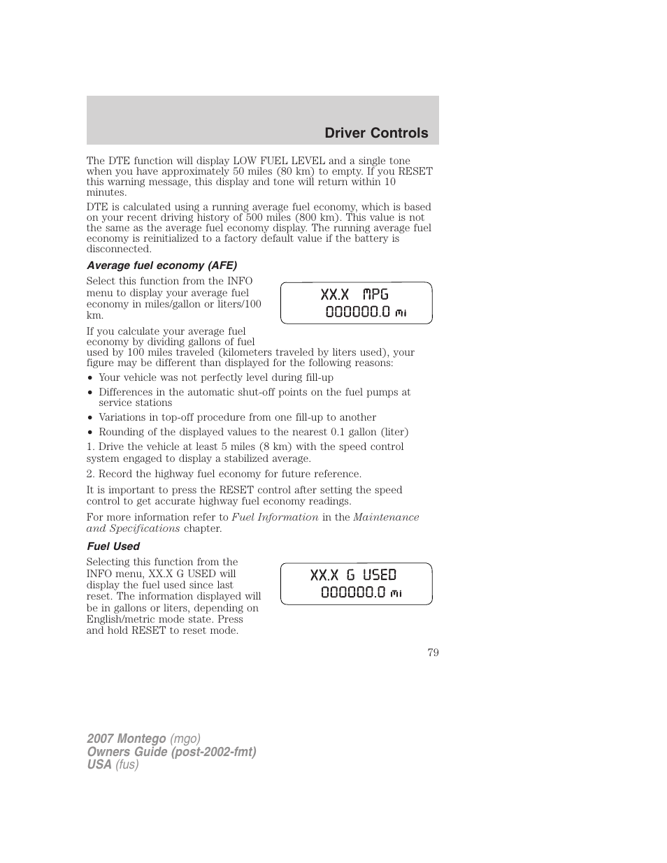 Average fuel economy (afe), Fuel used, Driver controls | Mercury Montego 2007s User Manual | Page 79 / 280