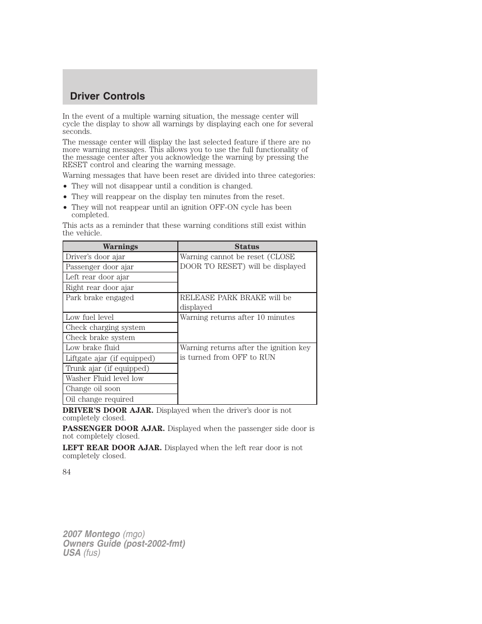 Driver controls | Mercury Montego 2007s User Manual | Page 84 / 280