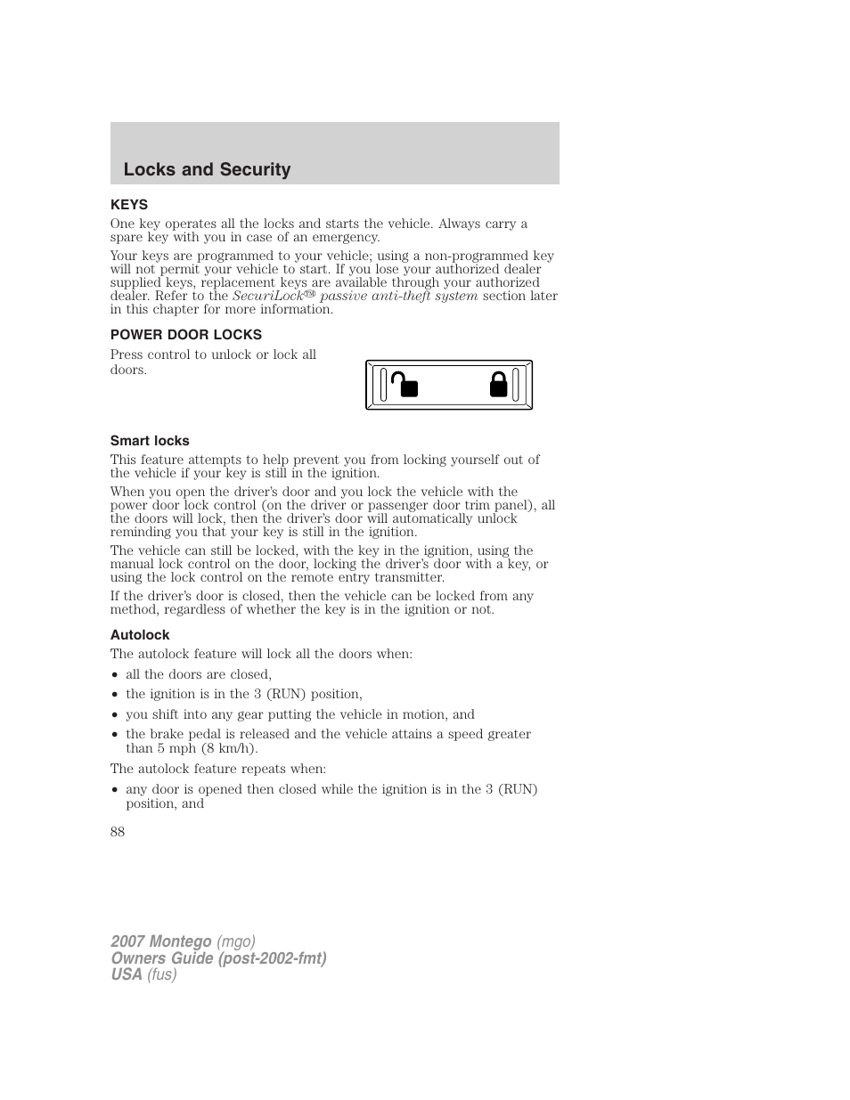 Locks and security, Keys, Power door locks | Smart locks, Autolock, Locks | Mercury Montego 2007s User Manual | Page 88 / 280