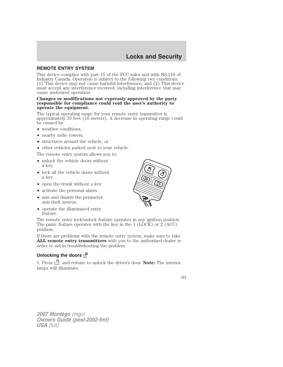 Remote entry system, Unlocking the doors, Locks and security | Mercury Montego 2007s User Manual | Page 93 / 280