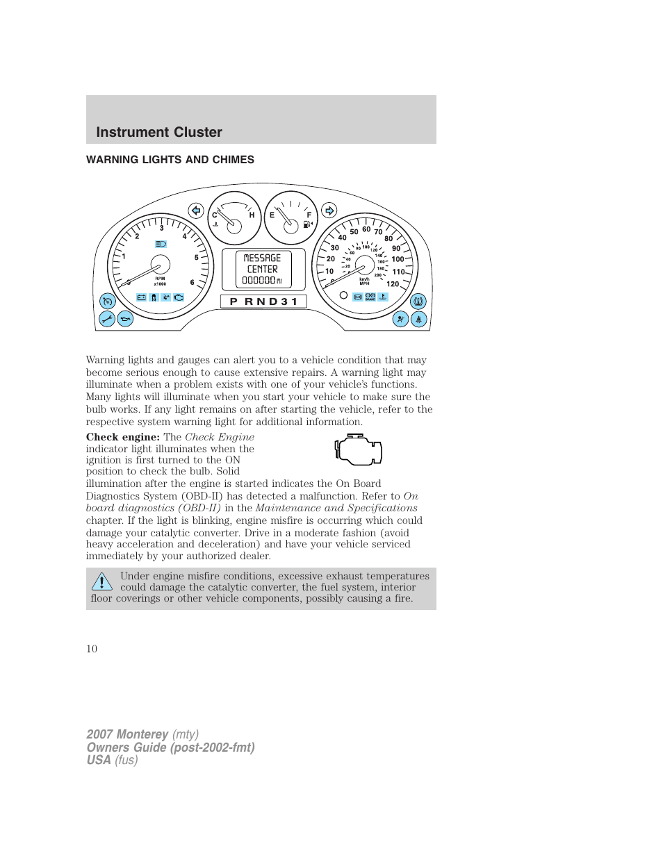 Instrument cluster, Warning lights and chimes | Mercury Mariner Hybrid 2007 User Manual | Page 10 / 312