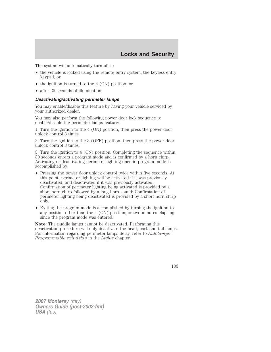 Deactivating/activating perimeter lamps, Locks and security | Mercury Mariner Hybrid 2007 User Manual | Page 103 / 312