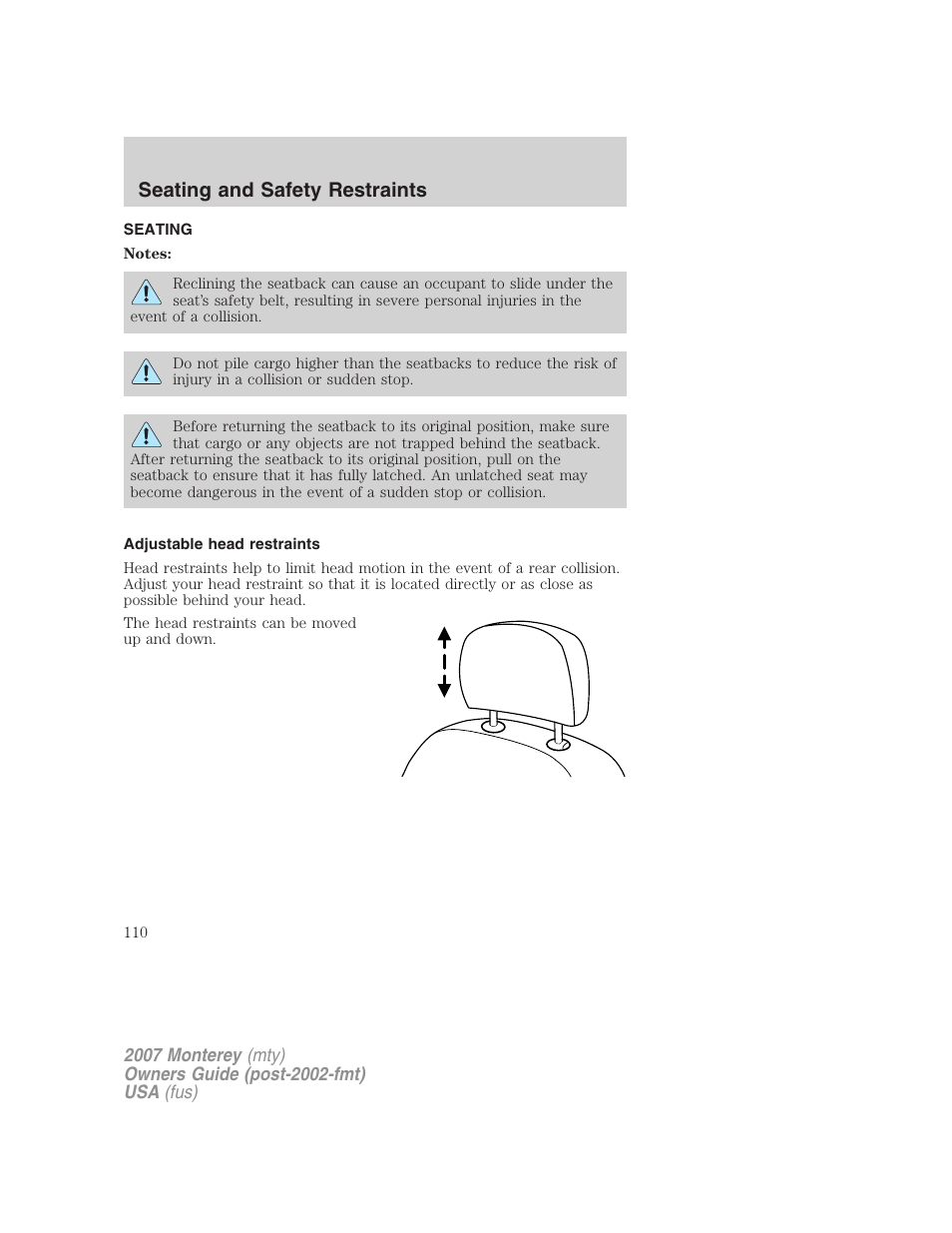 Seating and safety restraints, Seating, Adjustable head restraints | Mercury Mariner Hybrid 2007 User Manual | Page 110 / 312