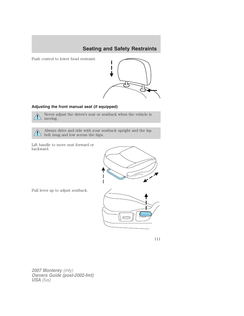 Adjusting the front manual seat (if equipped), Seating and safety restraints | Mercury Mariner Hybrid 2007 User Manual | Page 111 / 312