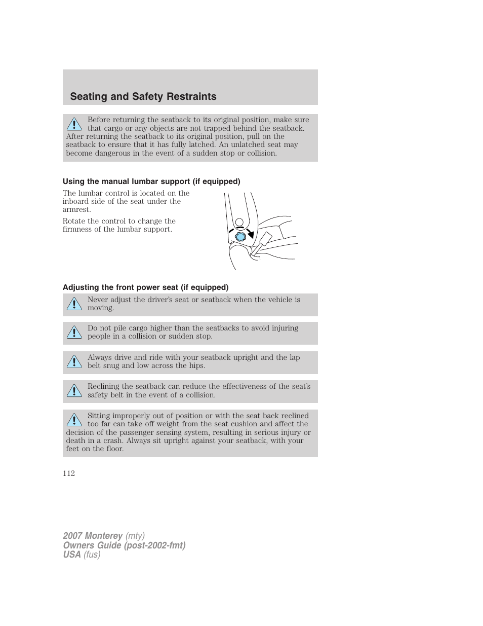 Using the manual lumbar support (if equipped), Adjusting the front power seat (if equipped), Seating and safety restraints | Mercury Mariner Hybrid 2007 User Manual | Page 112 / 312