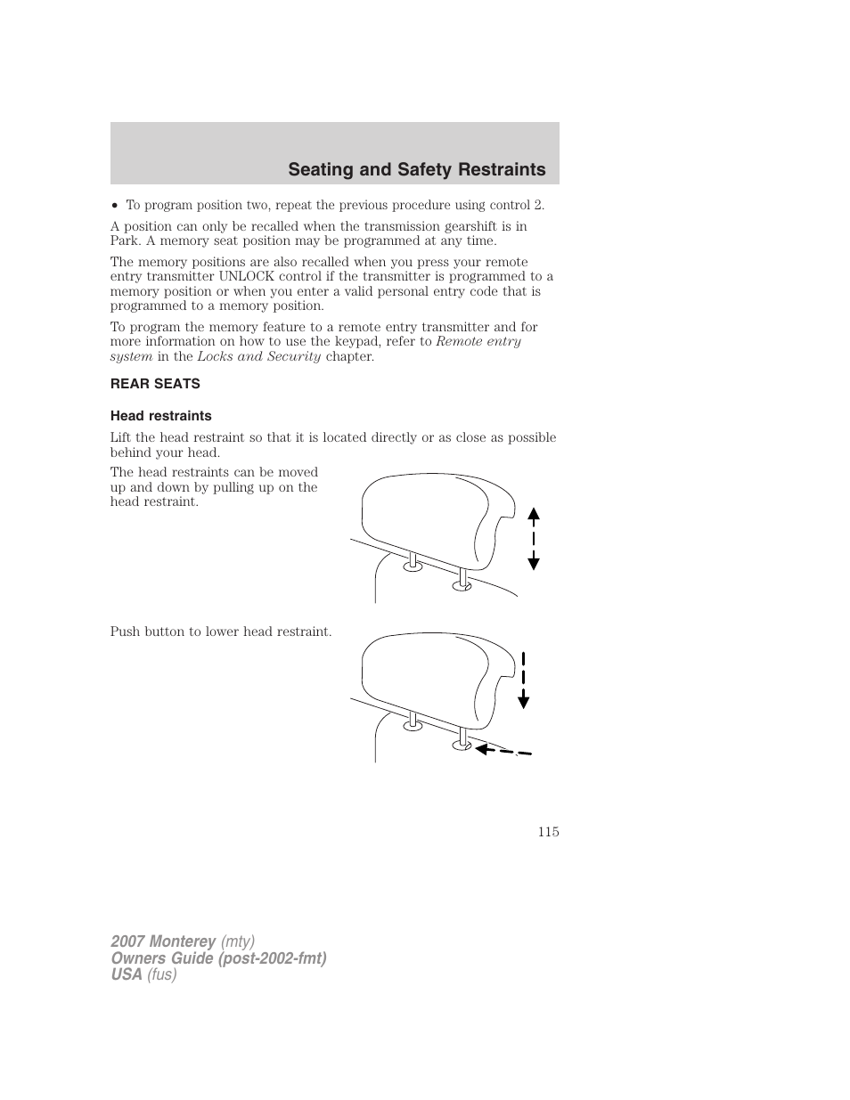 Rear seats, Head restraints, Seating and safety restraints | Mercury Mariner Hybrid 2007 User Manual | Page 115 / 312