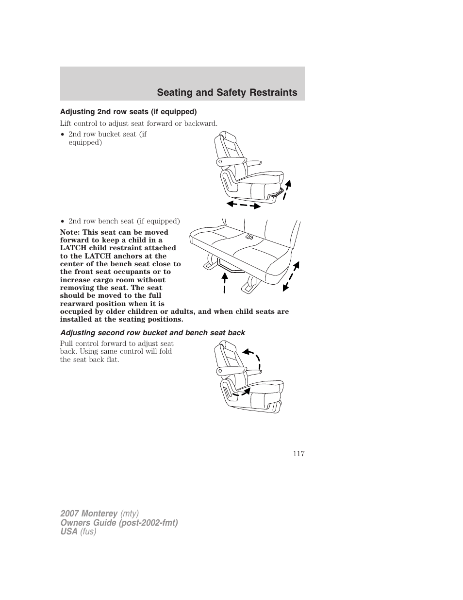 Adjusting 2nd row seats (if equipped), Adjusting second row bucket and bench seat back, Seating and safety restraints | Mercury Mariner Hybrid 2007 User Manual | Page 117 / 312