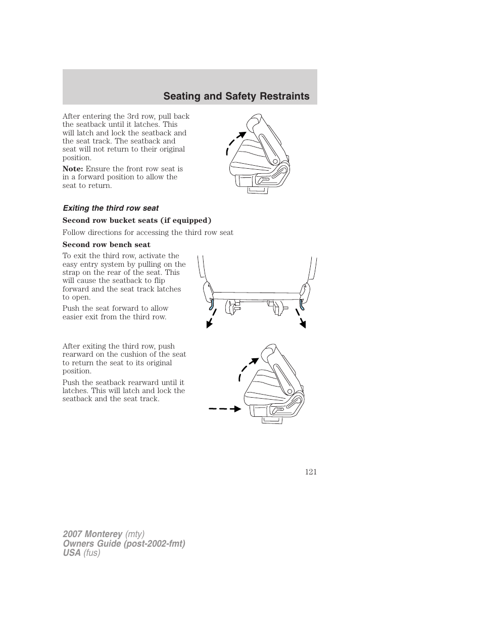 Exiting the third row seat, Seating and safety restraints | Mercury Mariner Hybrid 2007 User Manual | Page 121 / 312