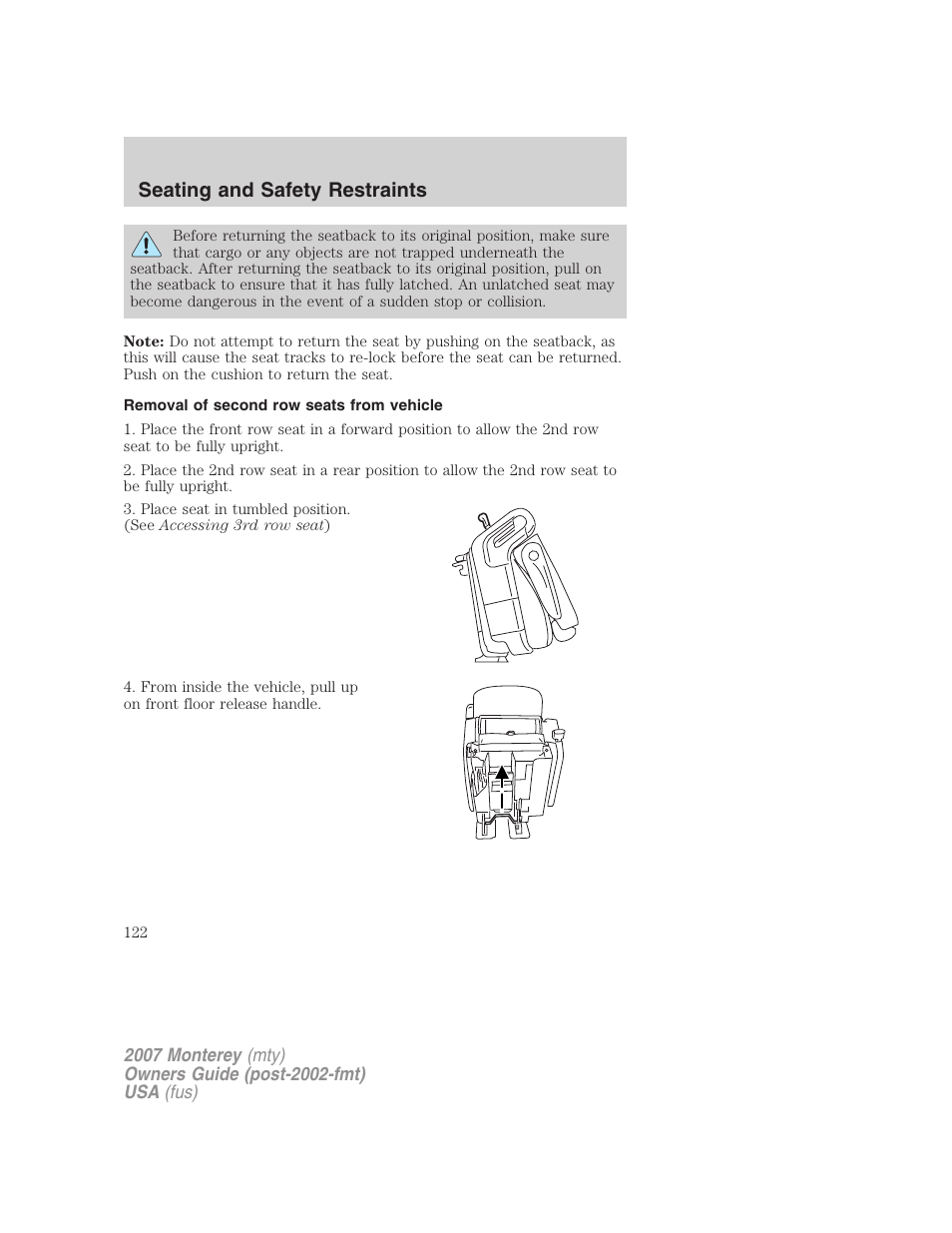 Removal of second row seats from vehicle, Seating and safety restraints | Mercury Mariner Hybrid 2007 User Manual | Page 122 / 312