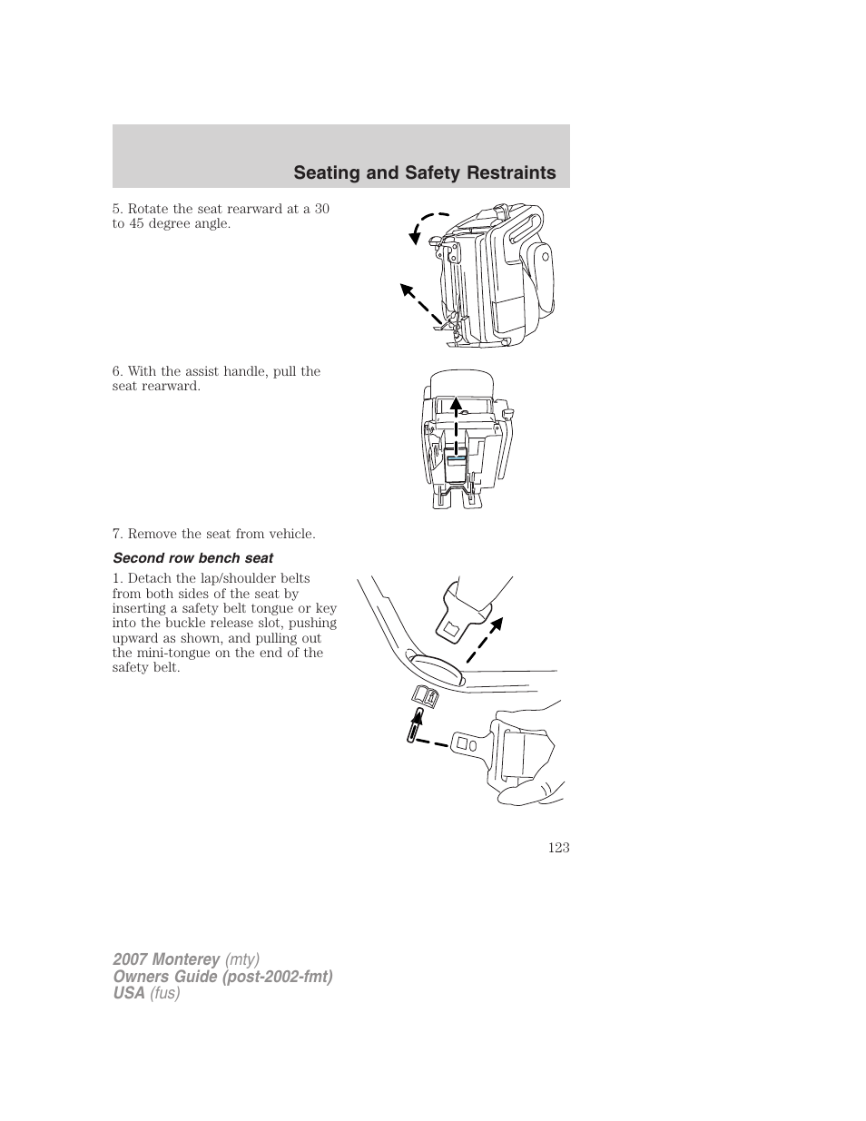Second row bench seat, Seating and safety restraints | Mercury Mariner Hybrid 2007 User Manual | Page 123 / 312