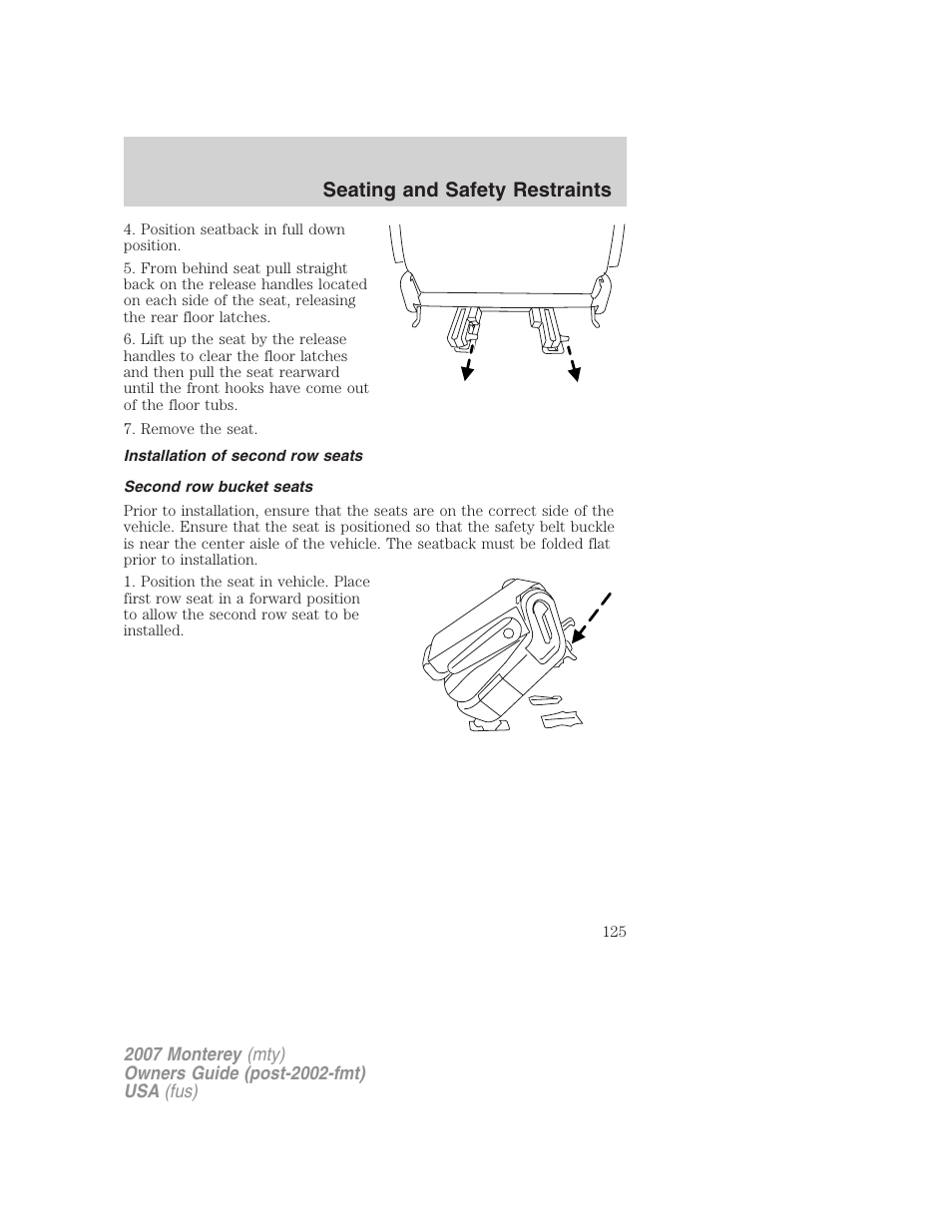 Installation of second row seats, Second row bucket seats, Seating and safety restraints | Mercury Mariner Hybrid 2007 User Manual | Page 125 / 312