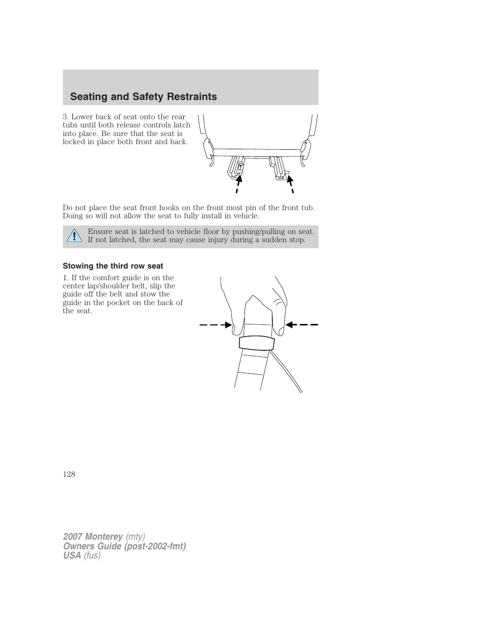 Stowing the third row seat, Seating and safety restraints | Mercury Mariner Hybrid 2007 User Manual | Page 128 / 312