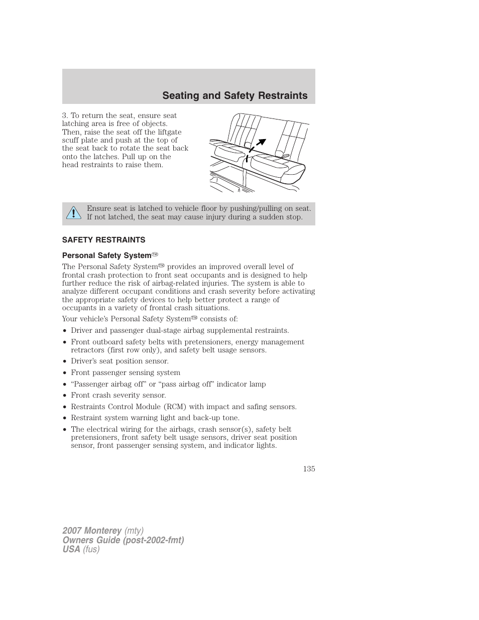 Safety restraints, Personal safety system, Seating and safety restraints | Mercury Mariner Hybrid 2007 User Manual | Page 135 / 312